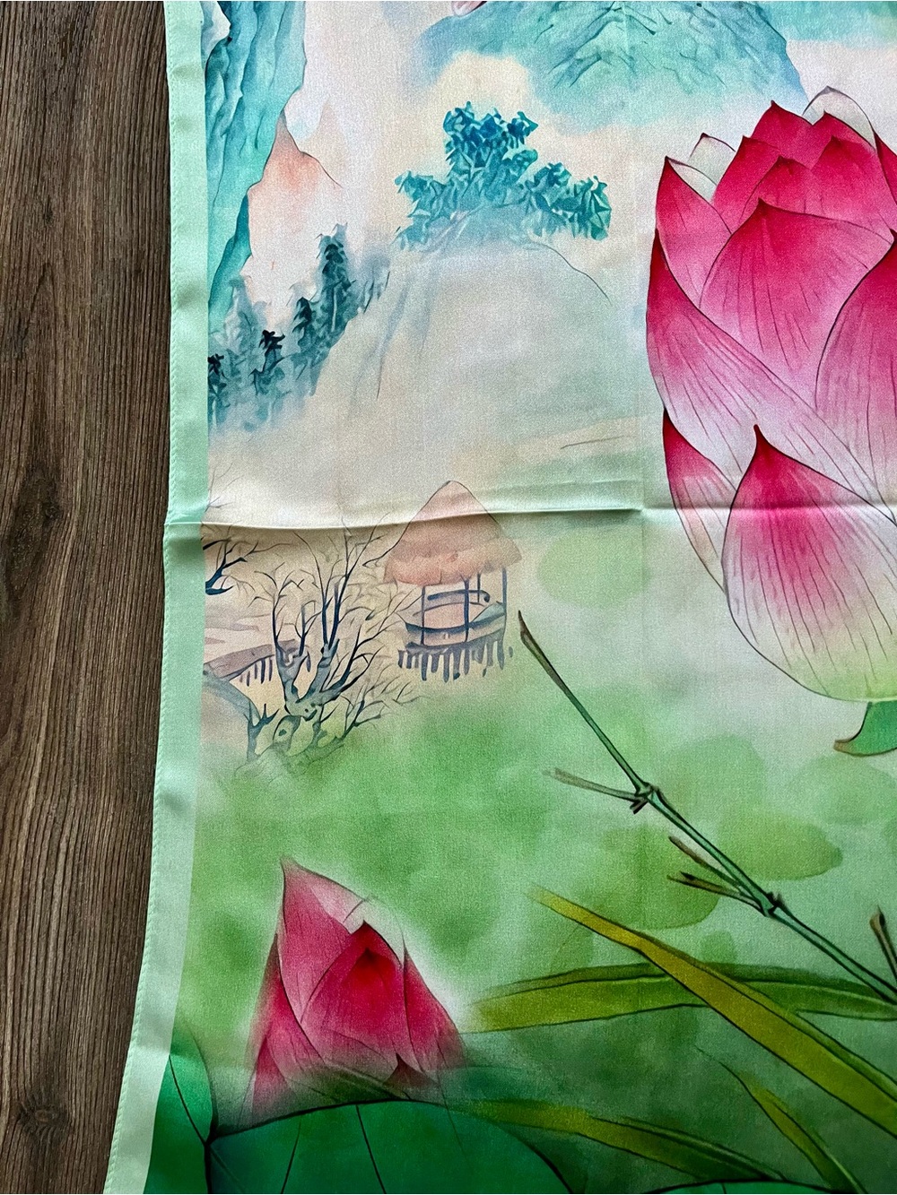 100% silk Florals  Lotus Silk Scarf with Pink & Green Watercolor Design - Picture 6 of 10